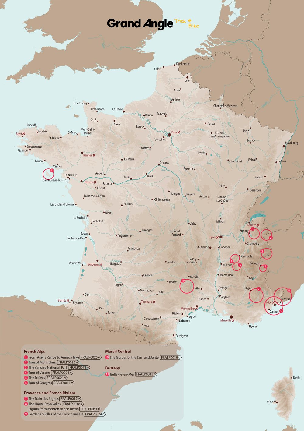 Carte des voyages à vélo Grand Angle en France