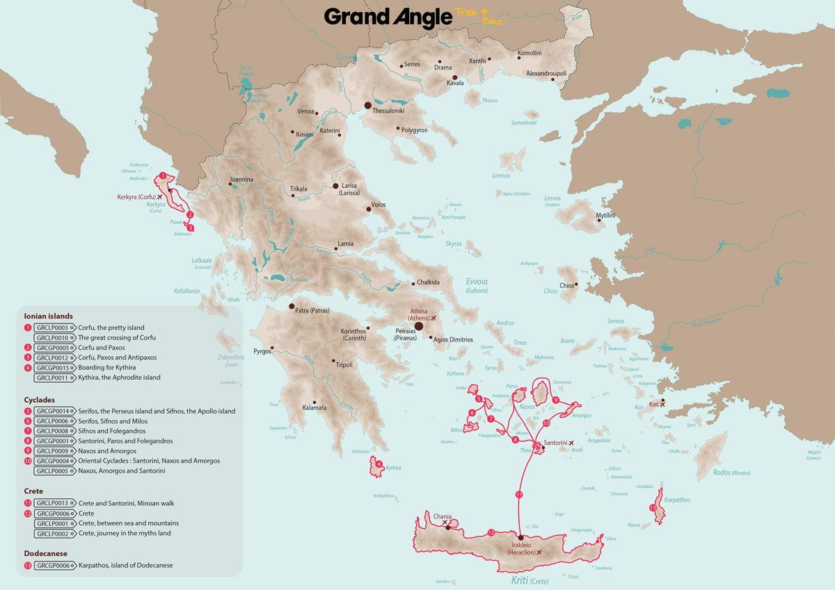 Carte des voyages à pied Grand Angle en Grèce